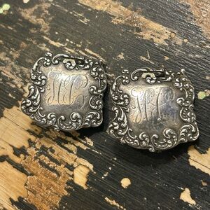 Vintage Victorian HC Engraved Marked Sterling Silver Clip Earrings